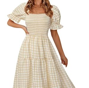 Plaid square neck midi dress